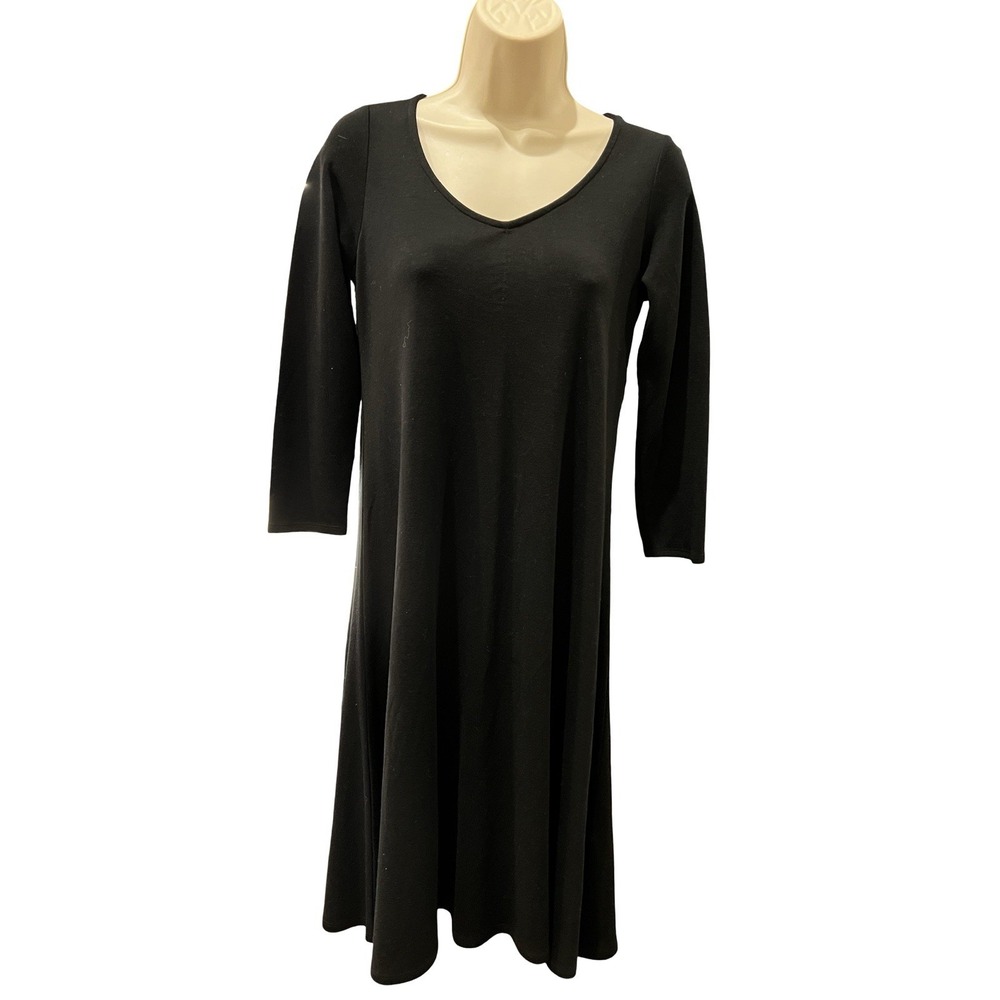 EILEEN FISHER Midi Dress Black Tencel Wool Cashmere Jersey Long Sleeve Sz PP